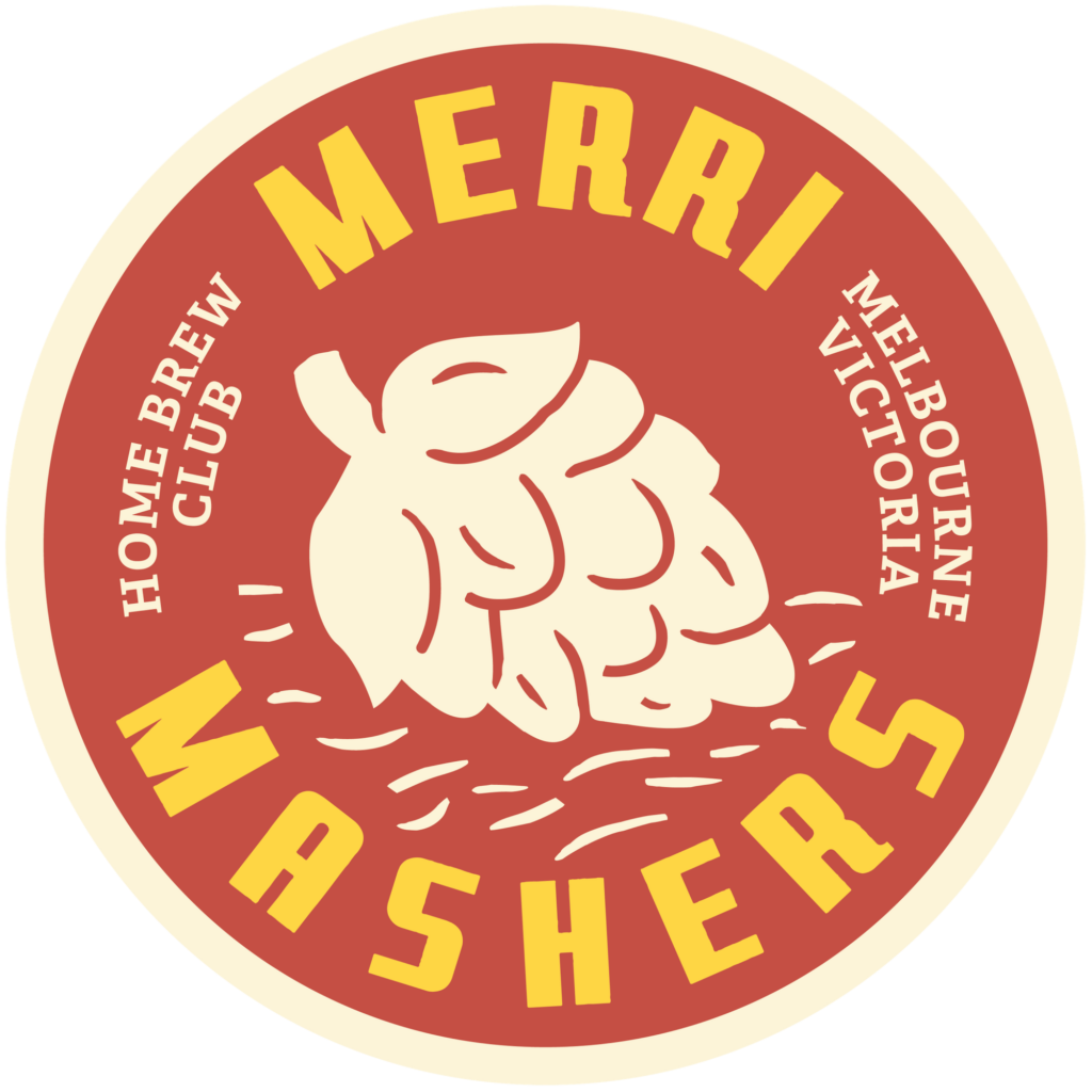 A circular brew club logo with a hop flower in the centre and Merri Mashers around the outside.