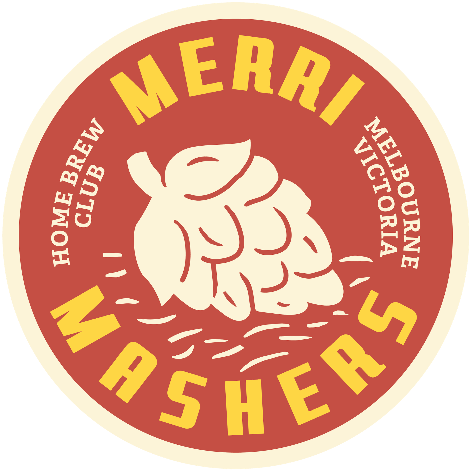 A circular brew club logo with a hop flower in the centre and Merri Mashers around the outside.